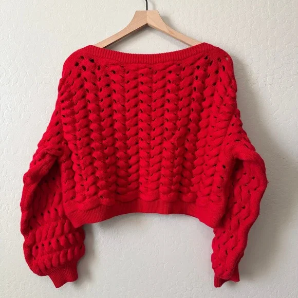 alice + olivia Allene Chunky Open Stitch Ruby Red Crop Sweater Medium NWOT $495
